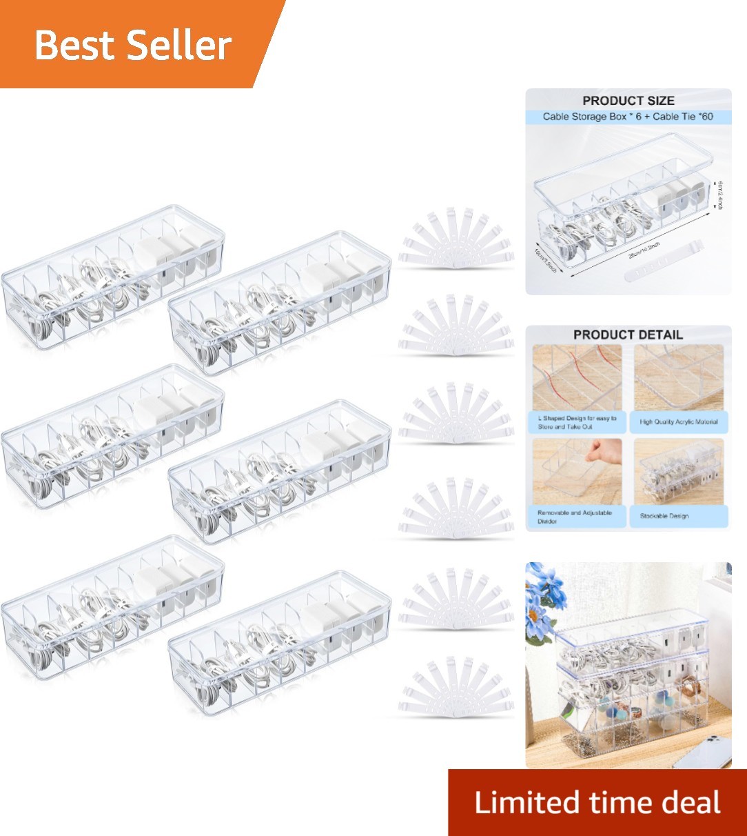 6-Pack Clear Cord Organizer Box Set with Adjustable Dividers for Happy Spaces