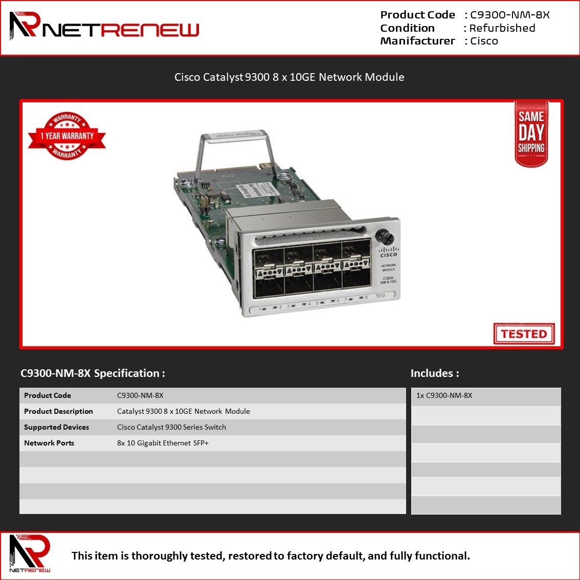 Cisco C9300-NM-8X Catalyst 9300 Series 8x 10G Network Module