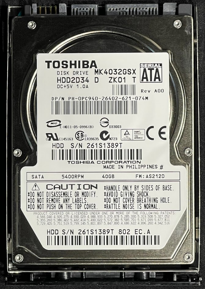 Dell / Toshiba 40GB 5400RPM 2.5" SATA Hard Drive / MK4032GSX / PC940 / CH062