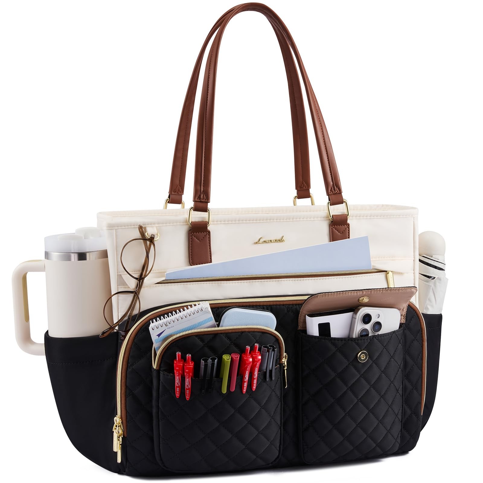 LOVEVOOK Teacher Tote Bag for Women Work, Laptop 15.6 inch, Black-beige-brown 