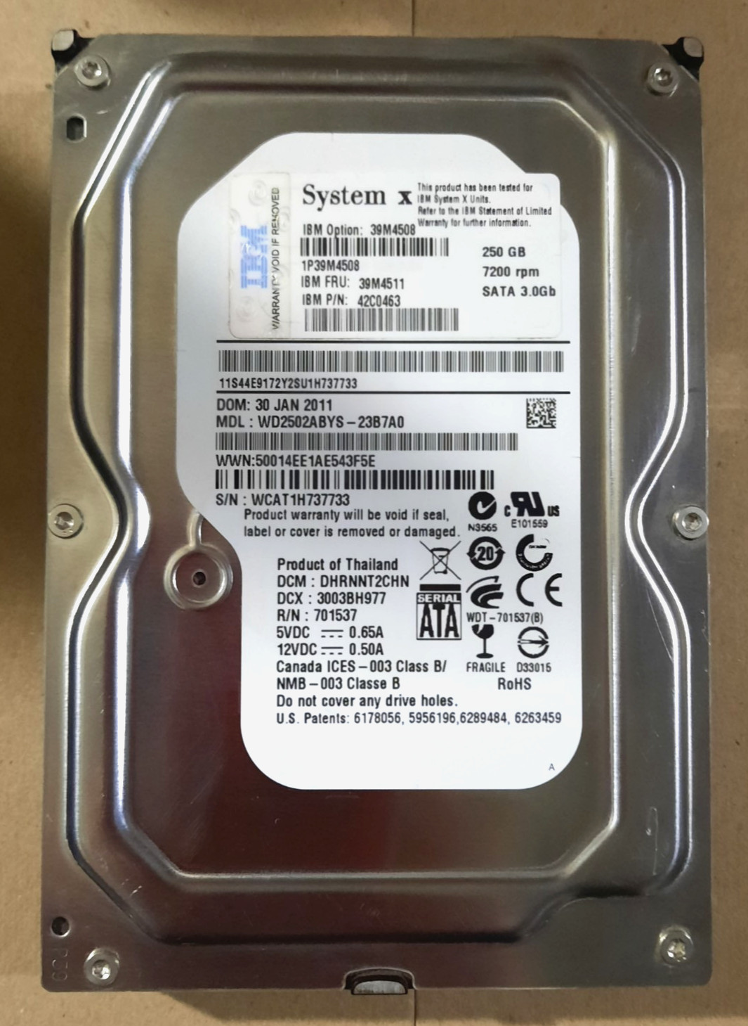 IBM System X 250Gb HDD Model: WD2502ABYS-23B7A0 SATA 3.0Gb 7200RPM Tested&Works