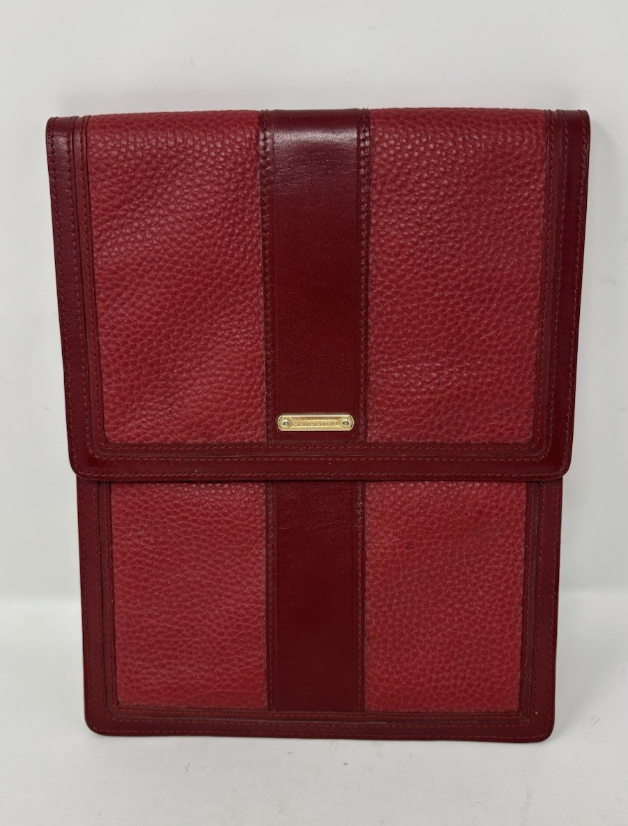 Red Pebbled Leather Burberry iPad Case Nova Check Plaid Inside 11" x 8.5"