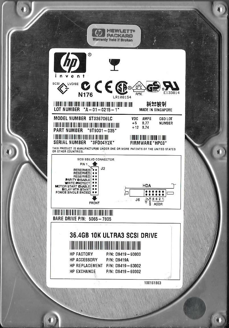 HP Seagate ST336706LC 36.4GB Ultra 3 SCSI Hard Drive P/N: 9T9001-035 F/W: HP03