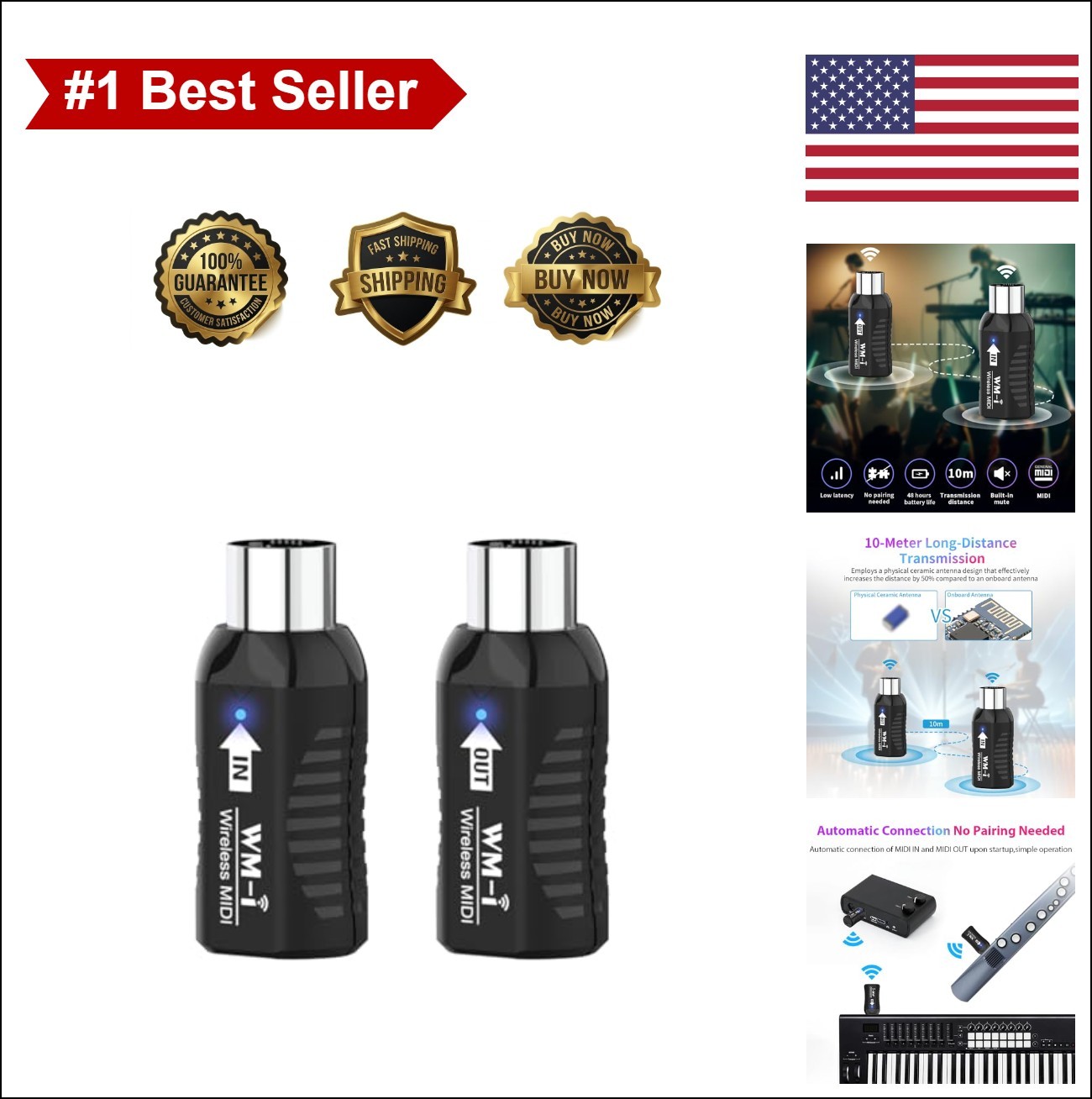 Wireless MIDI Adapter Rechargeable Audio Transmitter Receiver 2.4GHz Ultra-Lo...