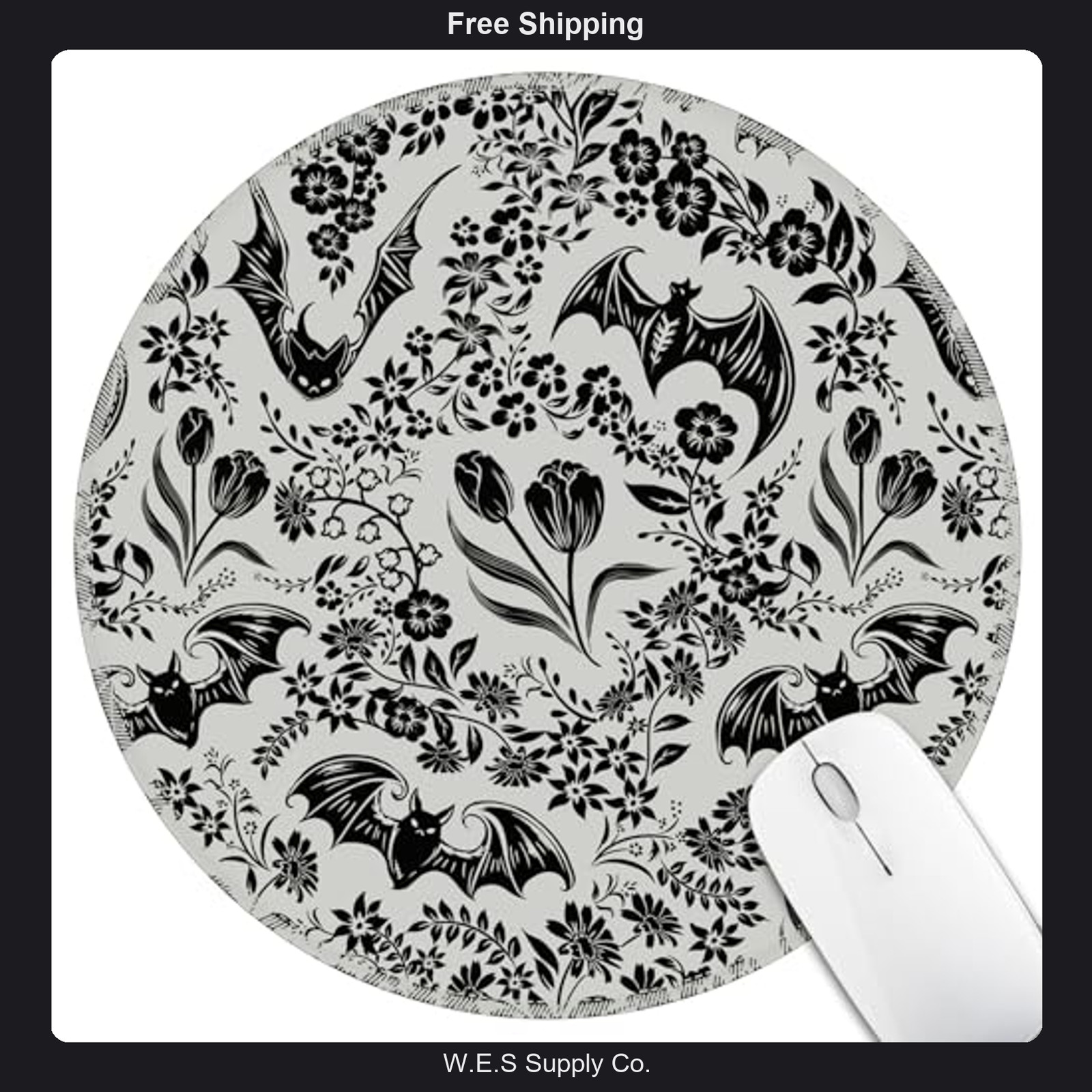 Goth Bat Floral Round Mouse Pad Non-Slip Rubber Desk Mat 8.6 inch
