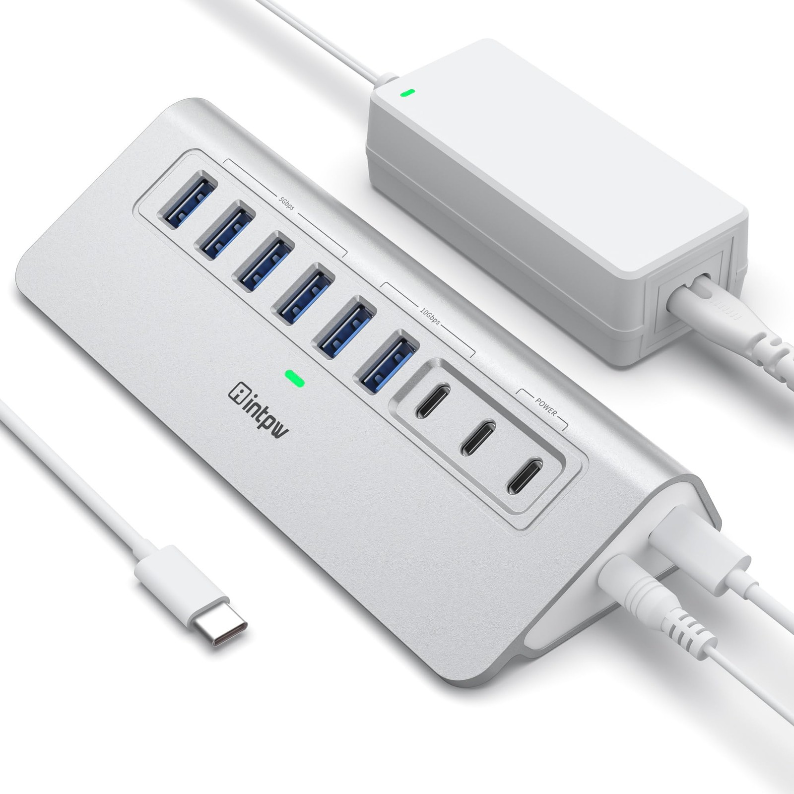 Powered USB Hub 10Gbps, intpw 9-Port 3.2 Hub, C 9 Port, Silver 