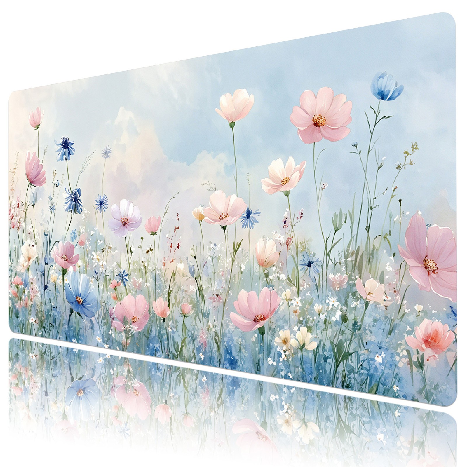 Spring Garden Pink and Blue Floral Desk Pad for Keyboard Desk Mat 31.5x15.7 inch