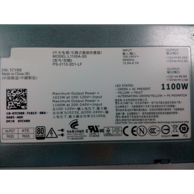 For DELL L1100A-S0/L1100AS0R910 1100W Server Power Supply