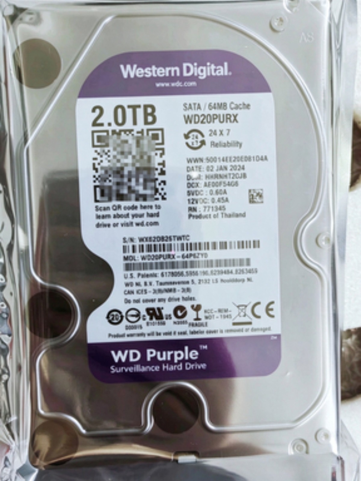 New Western Digital WD20PURX Purple 2TB 5400RPM 3.5" SATA 64MB HDD Hard Drive