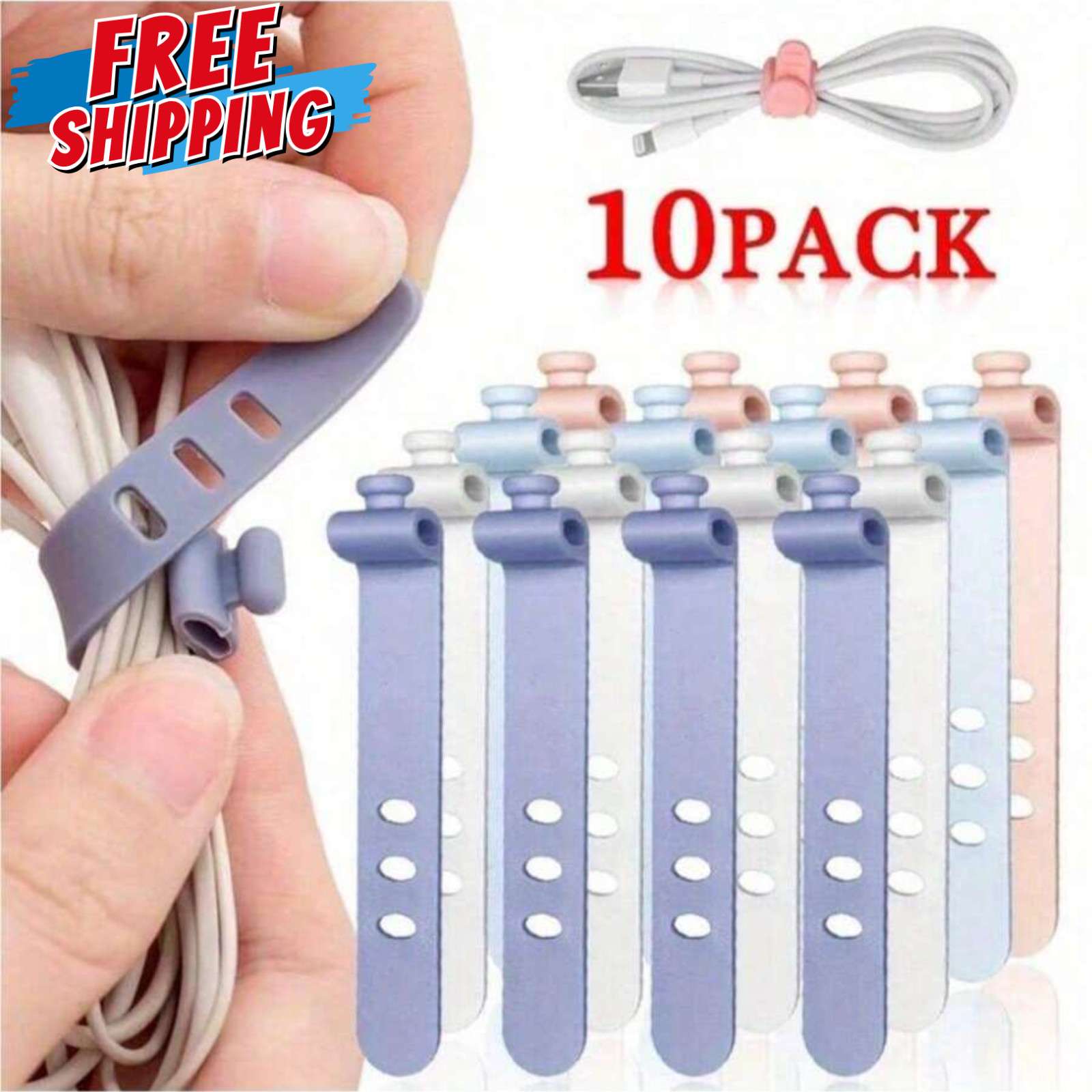 10X Silicone Strap Reusable Wire Cable Ties Organizer Holder Cord Management