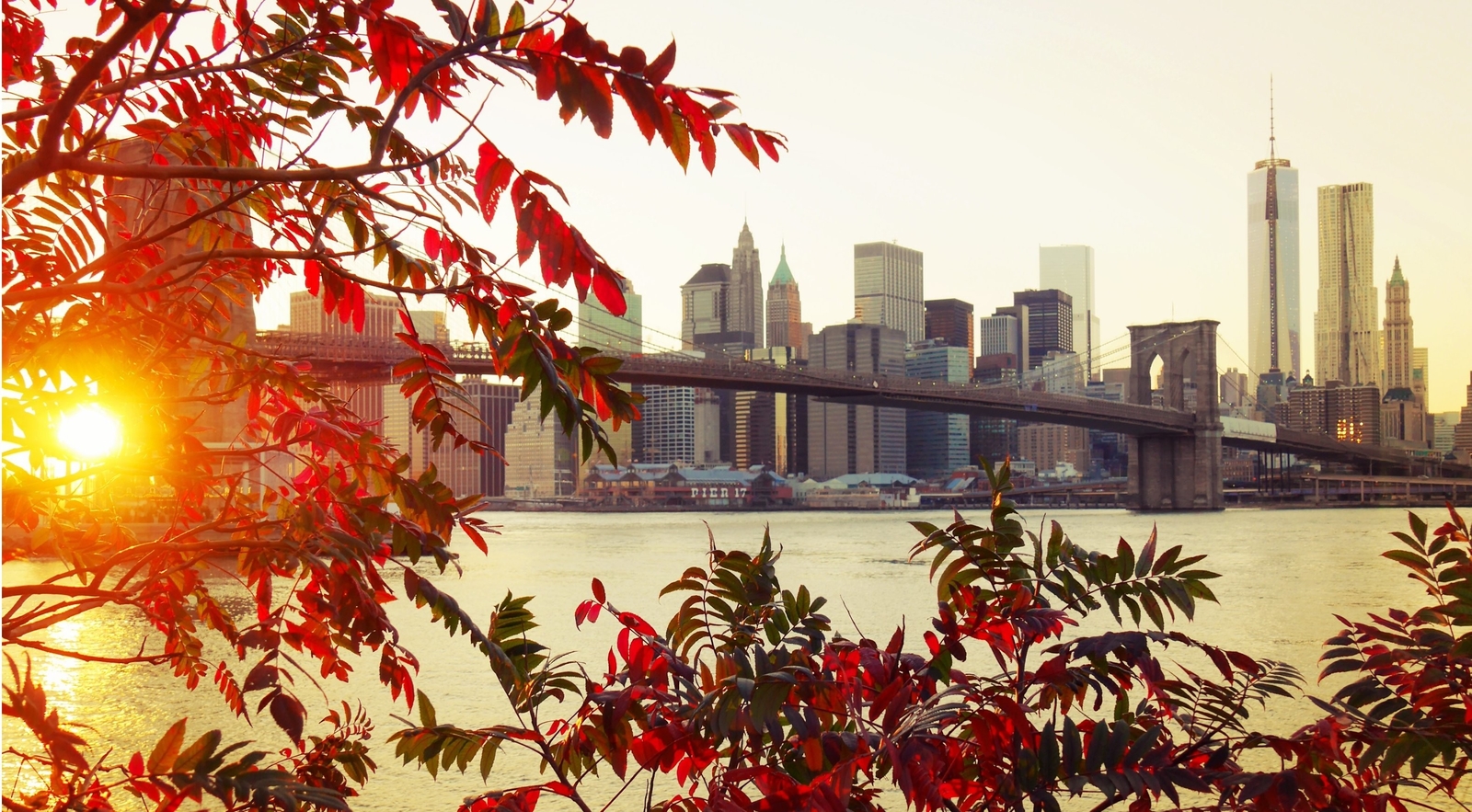 Landscape fall city new york sunlight bridge leaves Custom Gaming Mat Desk