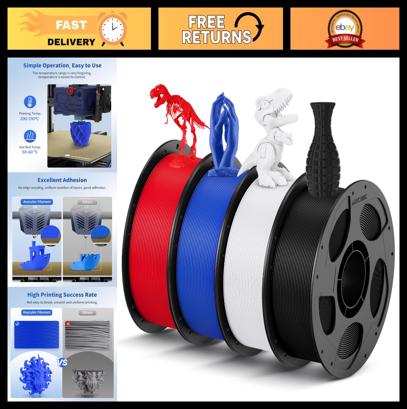 1.75mm PLA Filament Bundle for 3D Printing, 4 Colors, 1KG Spool, High Accuracy