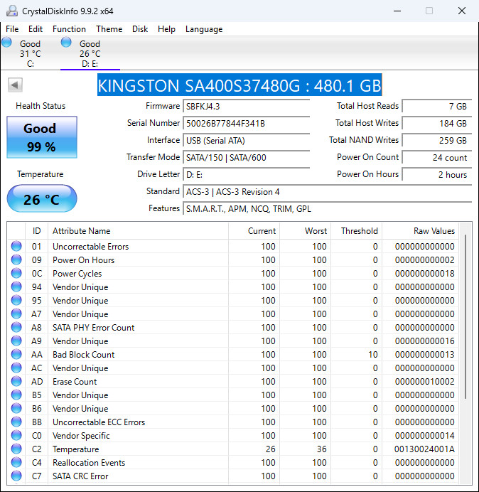 Kingston A400 SA400S37/480G 480 GB SATA III 2.5 in SSD-Only used for 2 Hrs