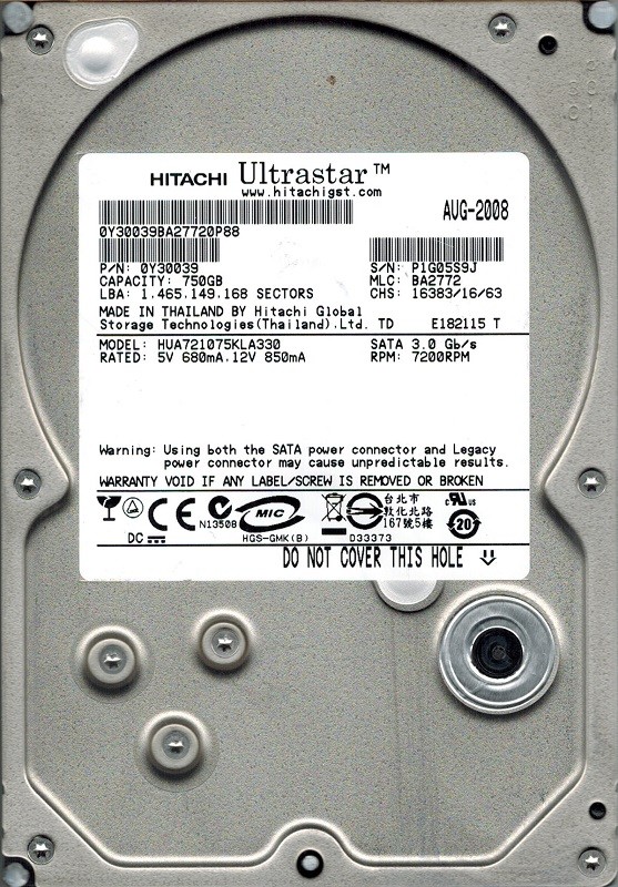 Hitachi HUA721075KLA330 P/N: 0Y30039 MLC: BA2772 750GB