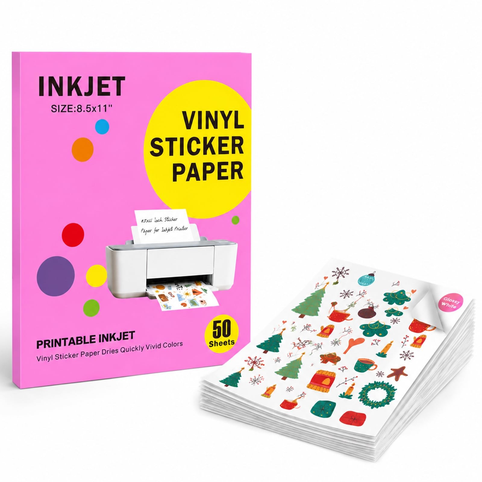 Printable Vinyl Sticker for Inkjet Printers, 50 Sheets Glossy White 8.5 x 11 ...