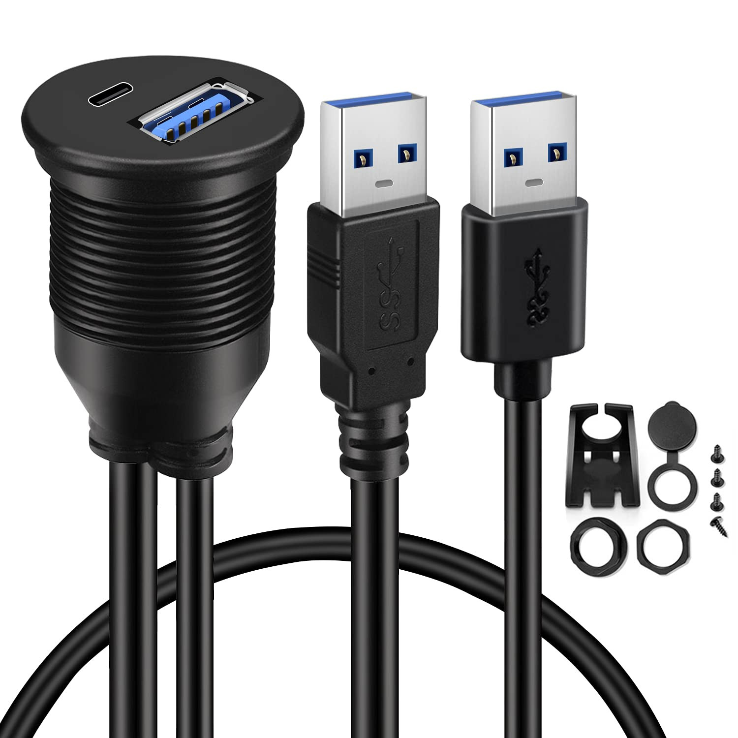 USB 3.0 to Type C 3.0 Car Mount Flush Cable Dual Port Male to Female Extension