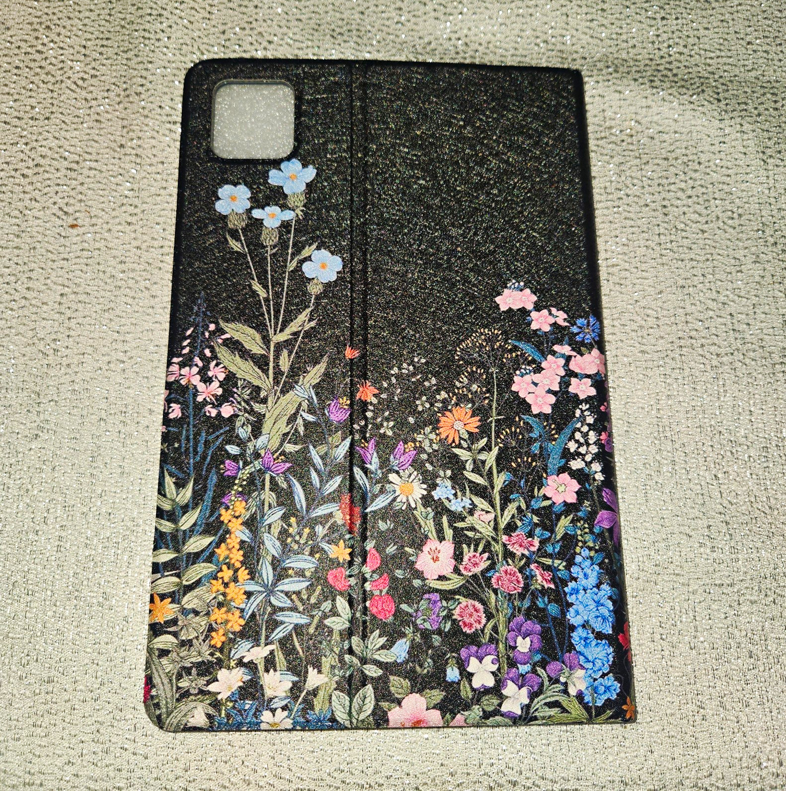 Folding Folio Tablet Case Cover Black Multicolor Floral Print Clear Shell 11x7