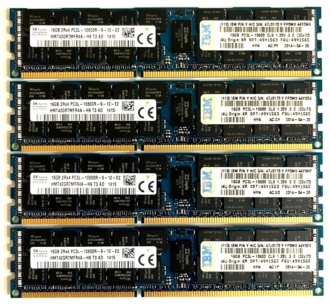 SK Hynix 64GB 4x 16GB DDR3 2Rx4 PC3L-10600R Reg ECC Server RAM HMT42GR7MFR4A