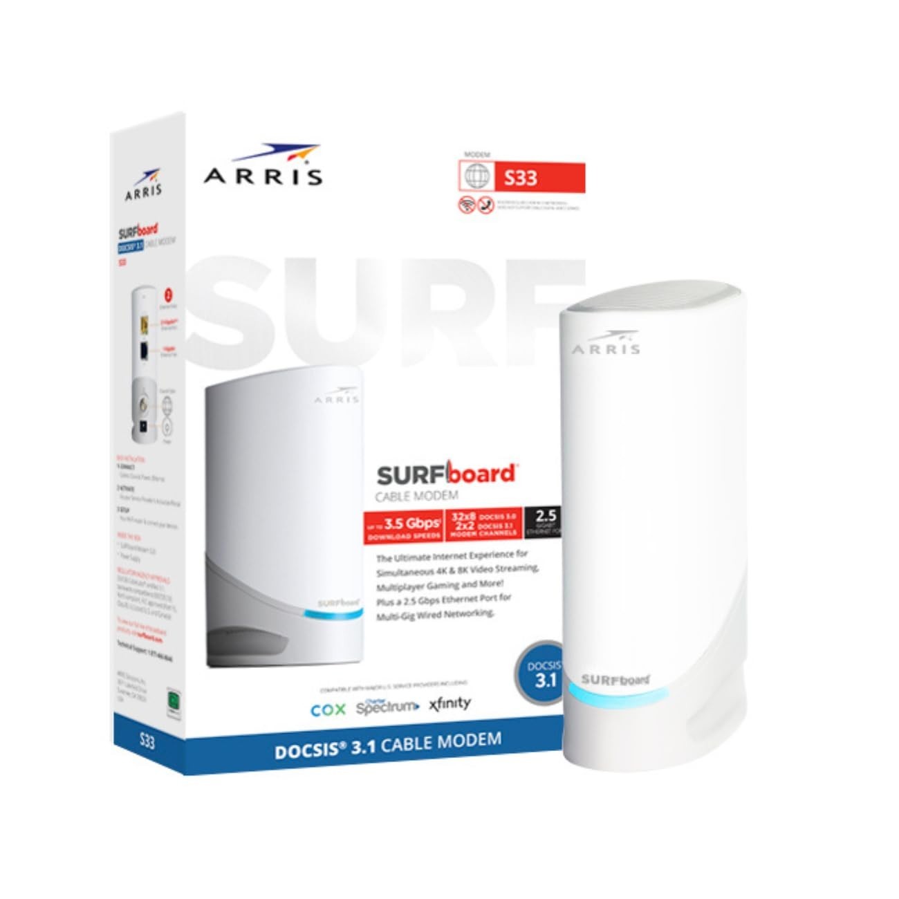 ARRIS S33 SURFboard DOCSIS 3.1 Multi-Gigabit Cable Modem 2.5 Gbps Ethernet Port