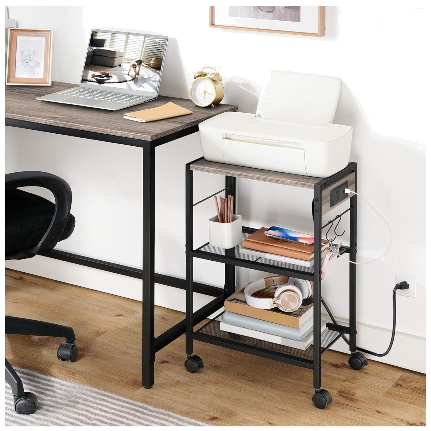 3-Tier Mobile Printer Stand with Power Outlets