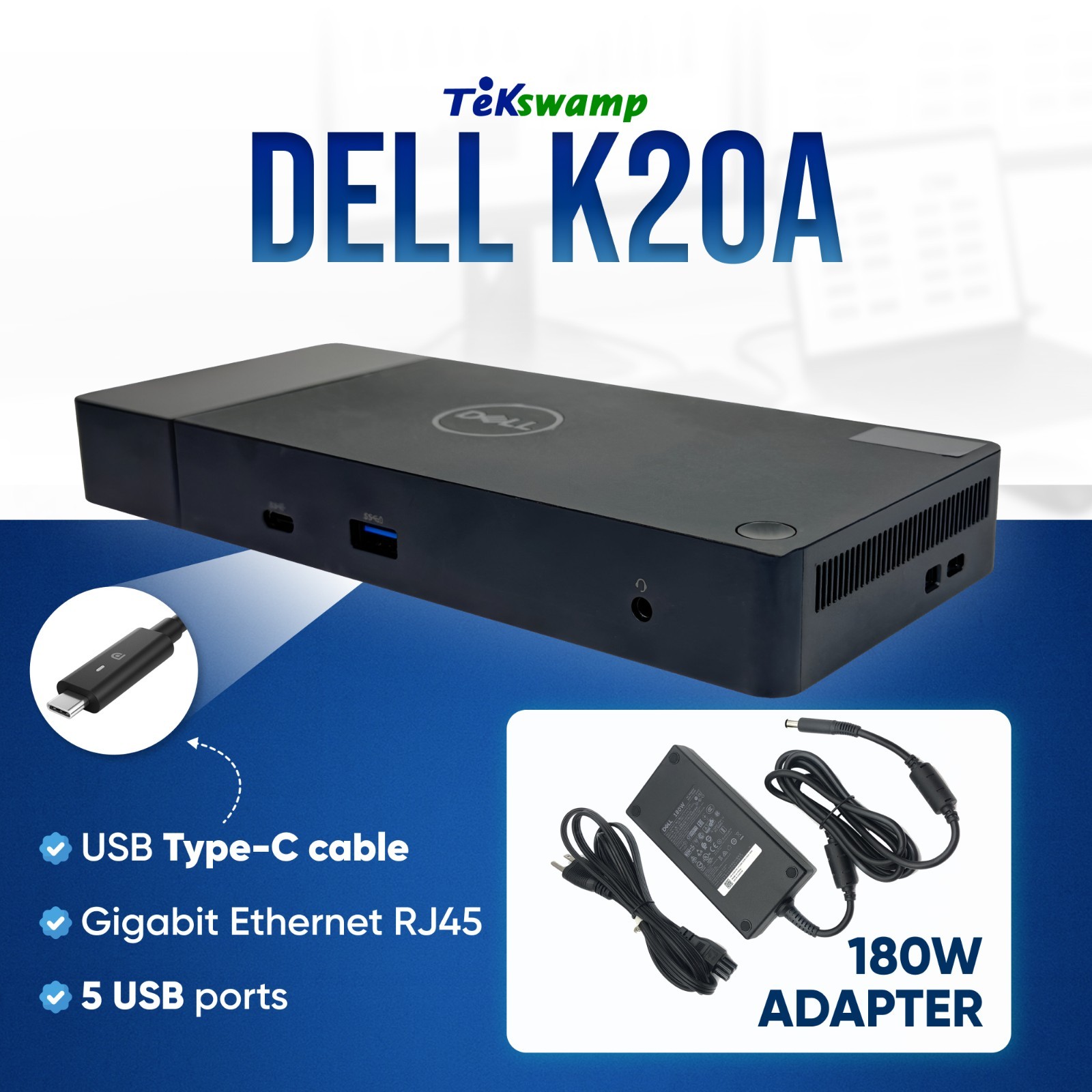 Dell WD19TB K20A001 Docking Station Thunderbolt 3 USB C K20A w/ 180W Adapter