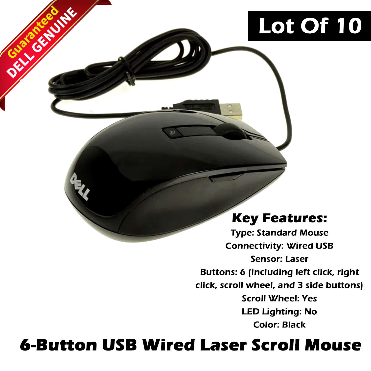Lot of 10 OEM Dell New Black Premium 6Button USB Laser Scroll Mouse V7623 J660D