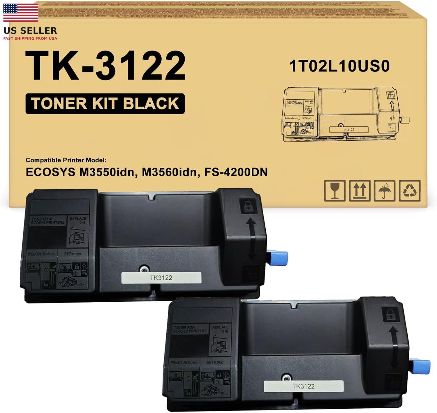 2-Pack TK-3122 TK3122 Black Toner Cartridges Compatible with 1T02L10US0