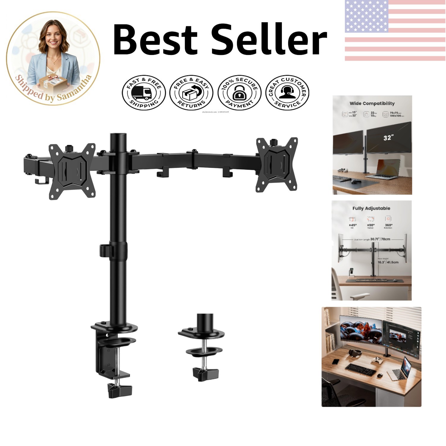Effortless Installation Dual Monitor Arm for 13-32 inch Displays, Space Saving