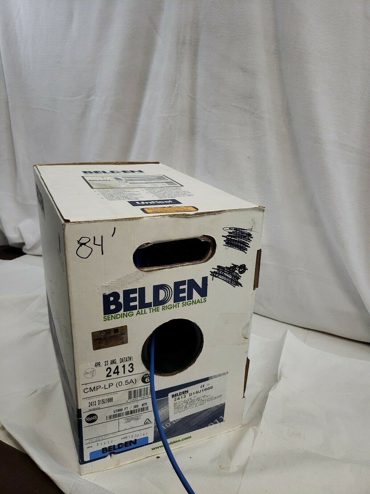 84ft - Belden 2413 D15U1000 - 4-Pair Enhanced Cat 6 CMP Blue Cable  - Pull-Box