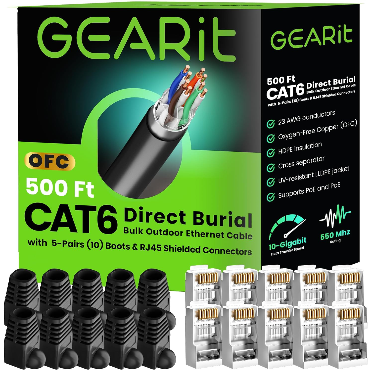Cat 6 Pure Copper Outdoor Cable 500 Ft Bulk, Direct Burial, Black