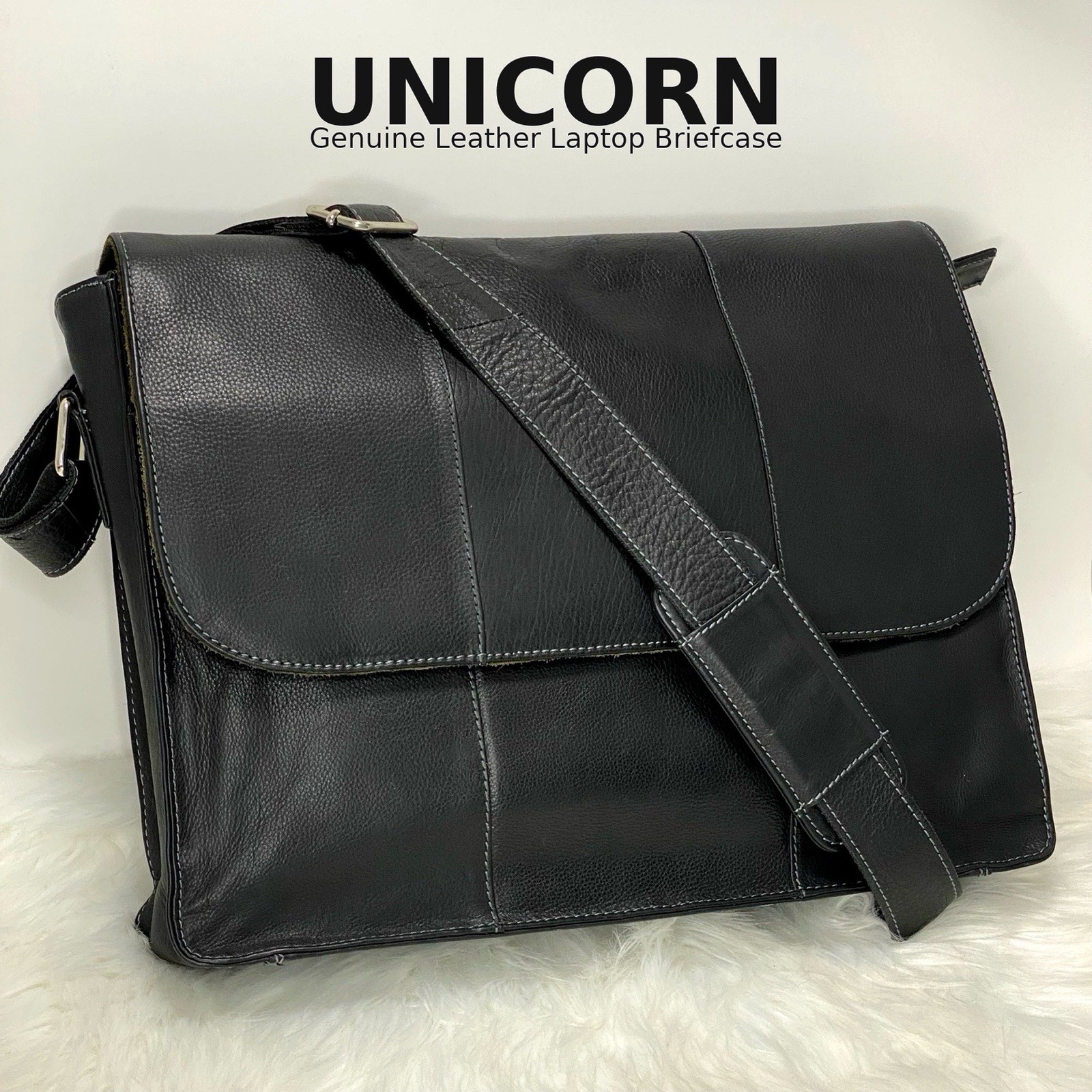 UNICORN Black Genuine Leather 16" Laptop Bag, Messenger Bag Excellent Condition