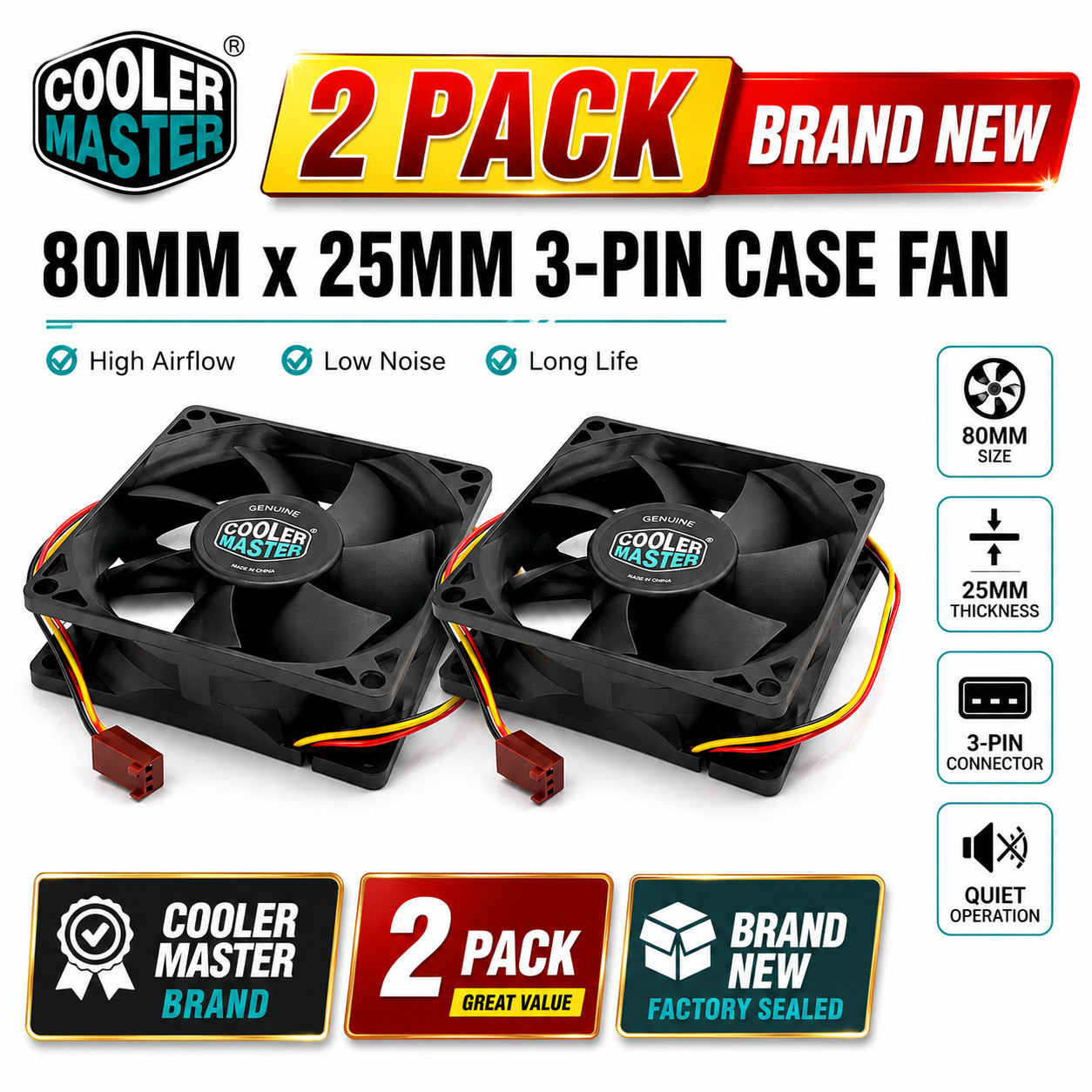 Cooler Master 80mm x 25mm 3-Pin Case Cooling Fan Brand New (2-Pack)