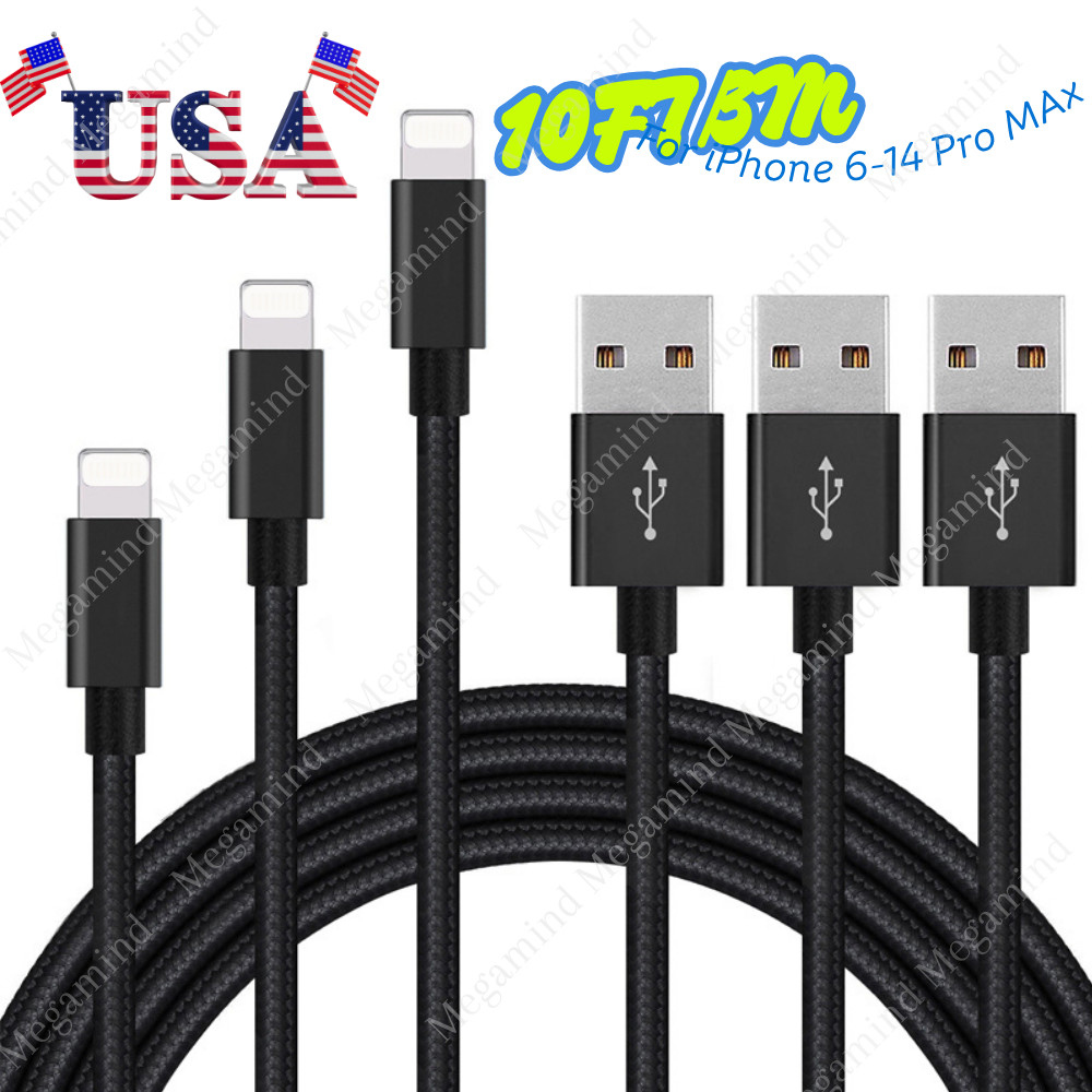 10FT USB Nylon Charger For iPhone iPad Braided Charging Cable Power Adapter Cord