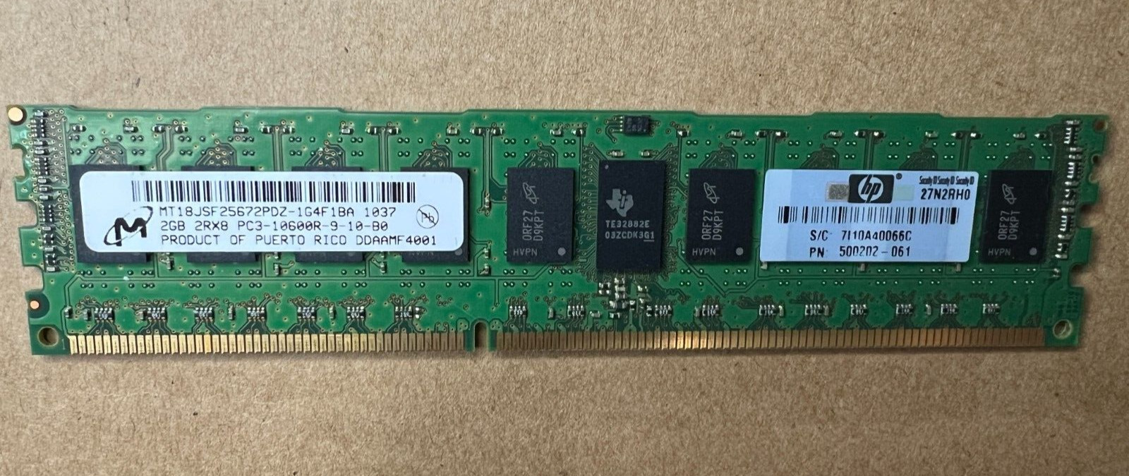 HP Micron 2GB 2RX8 PC3-10600 Server Mem MT18JSF25672PDZ-1G4F1BA HP PN:500202-061