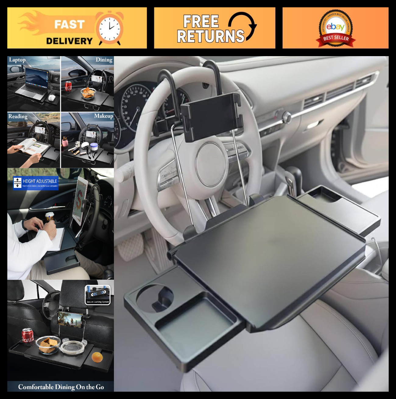 2-in-1 Adjustable Car Steering Wheel Desk & Laptop Tray with Phone Holder - Fits