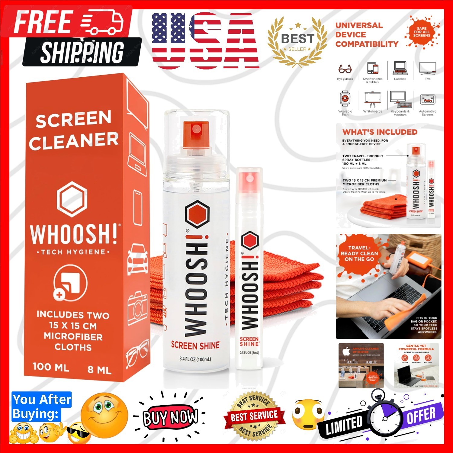 Screen Shine Duo – Screen Cleaner and Wipe Kit, 3.4 + 0.3 fl oz