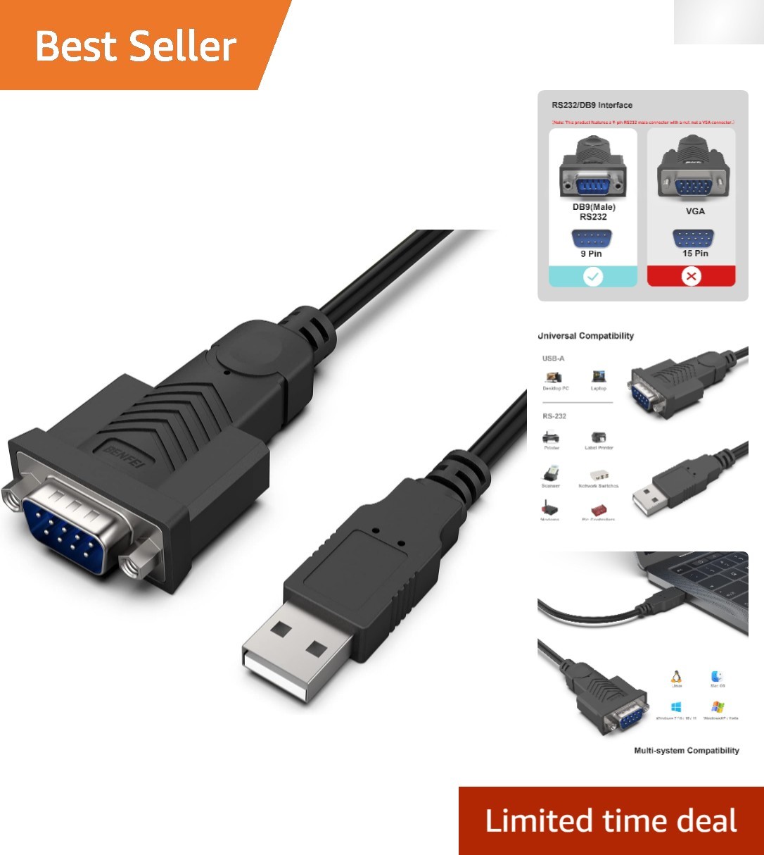 Plug & Play 6FT USB to RS-232 Male DB9 Cable for Windows & Mac Compatibility