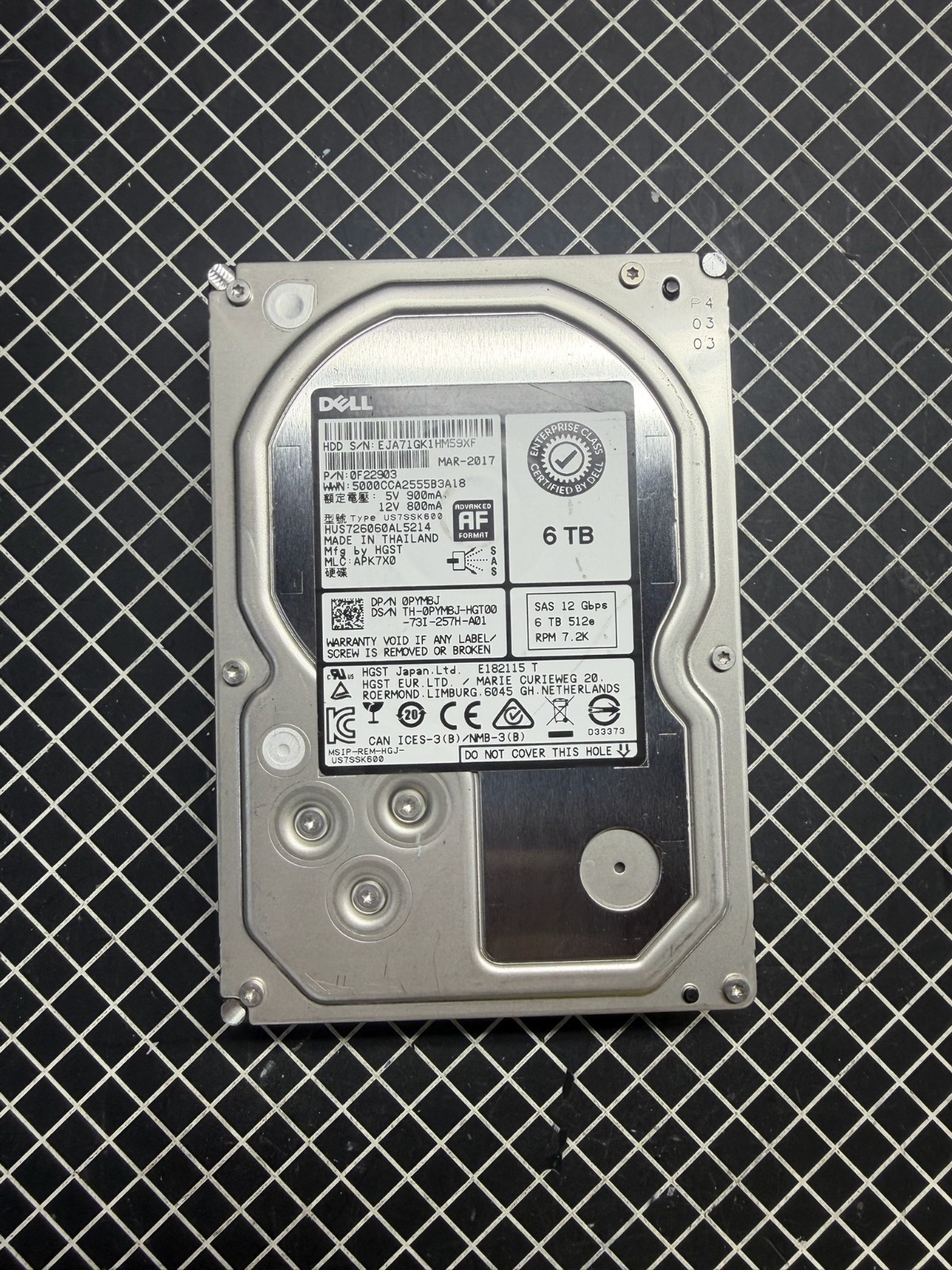 Dell Enterprise 6TB 7.2K NL SAS 12Gb/s 3.5" Hard Drive HDD HUS726060AL5214 PYM8J