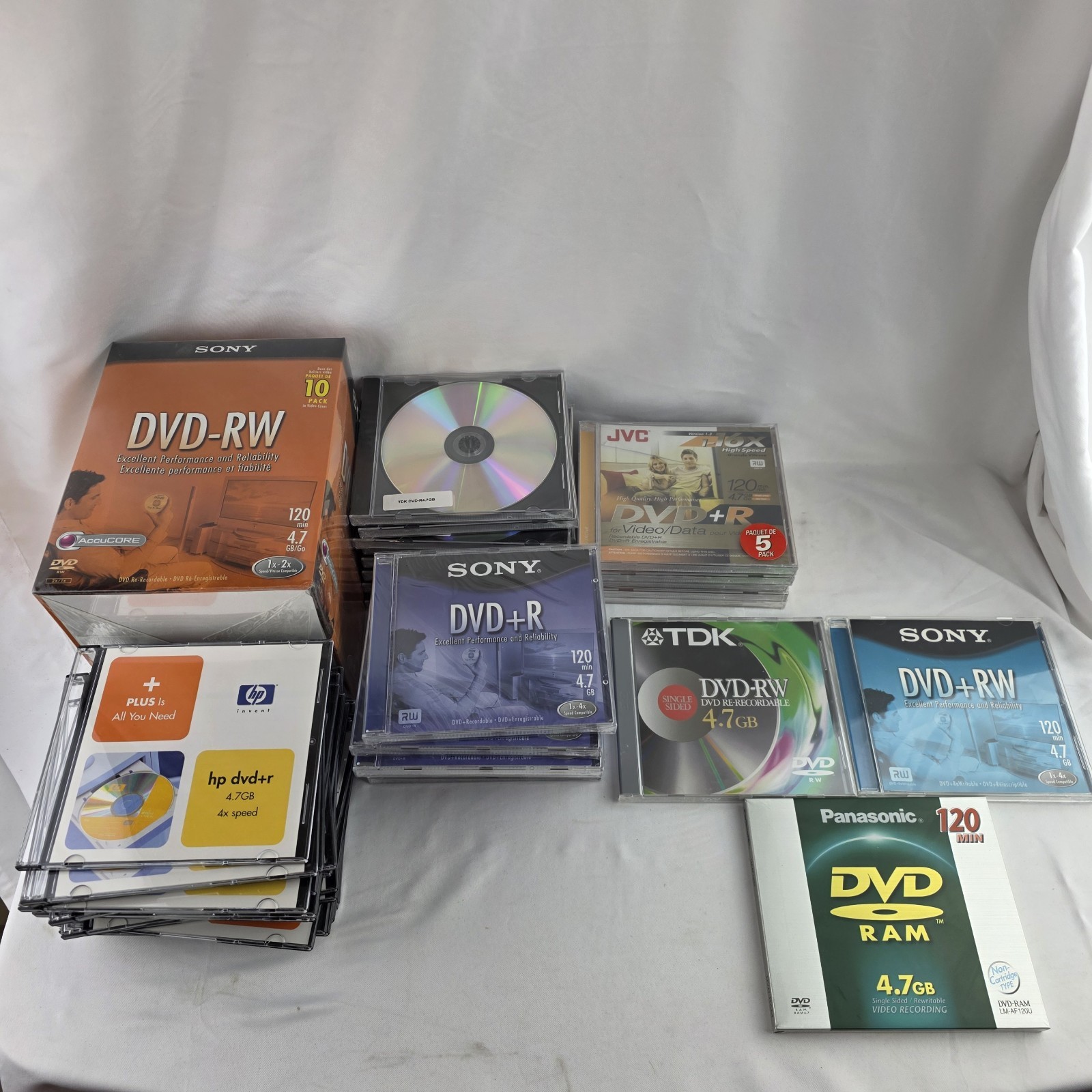 53pc Blank DVD Media Lot Sony TDK JVC HP DVD-RW +RW +R DVD-R DVD-RAM (34 NIP)