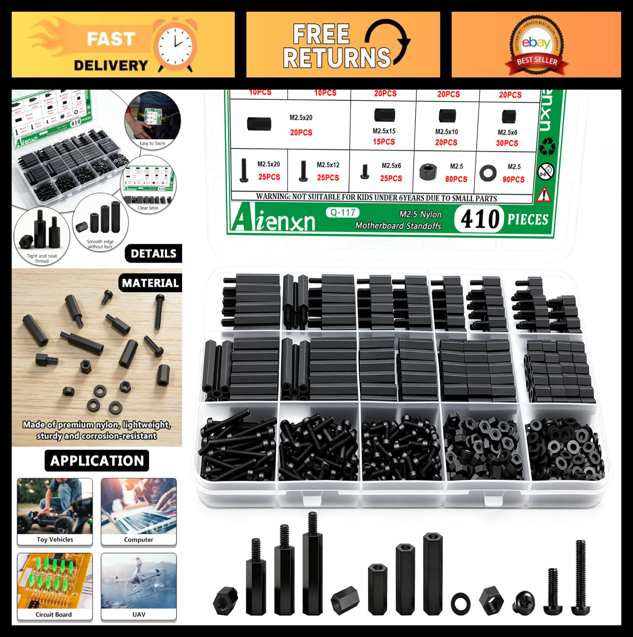 410PCS M2.5 Nylon Standoffs Kit, Hex Spacer Screws & Nuts for PCB, Circuit Board