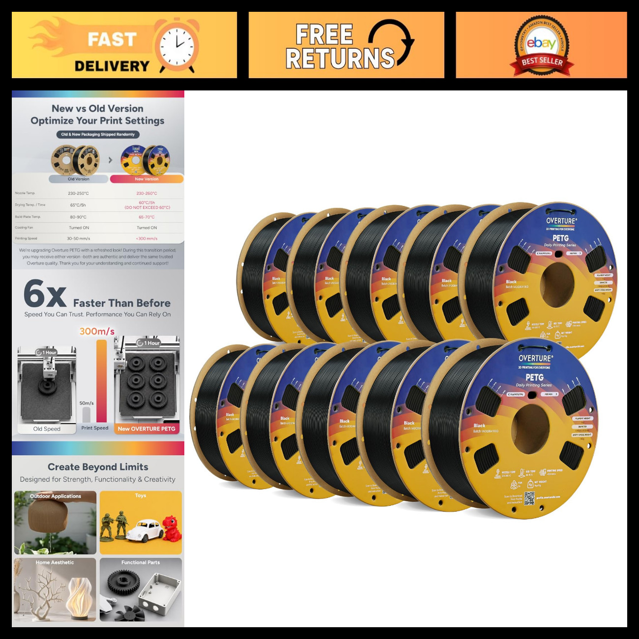 10KG High-Speed PETG Filament 1.75mm for 3D Printers - Durable & Easy to Use