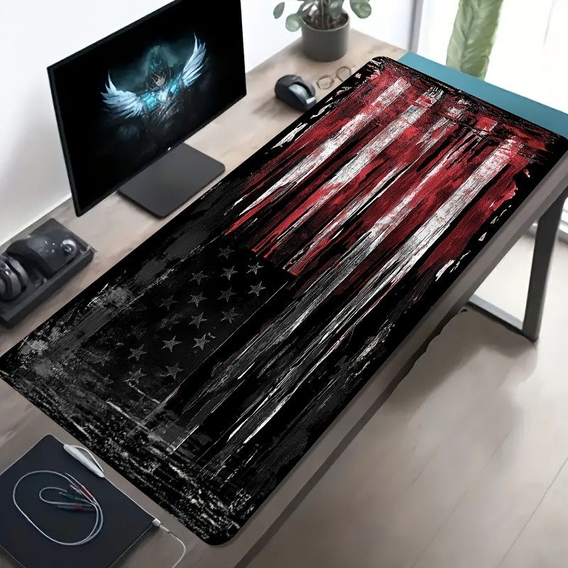 1pc Large Esports Gaming Mouse Pad with Black and Red Distressed Flag Pattern,