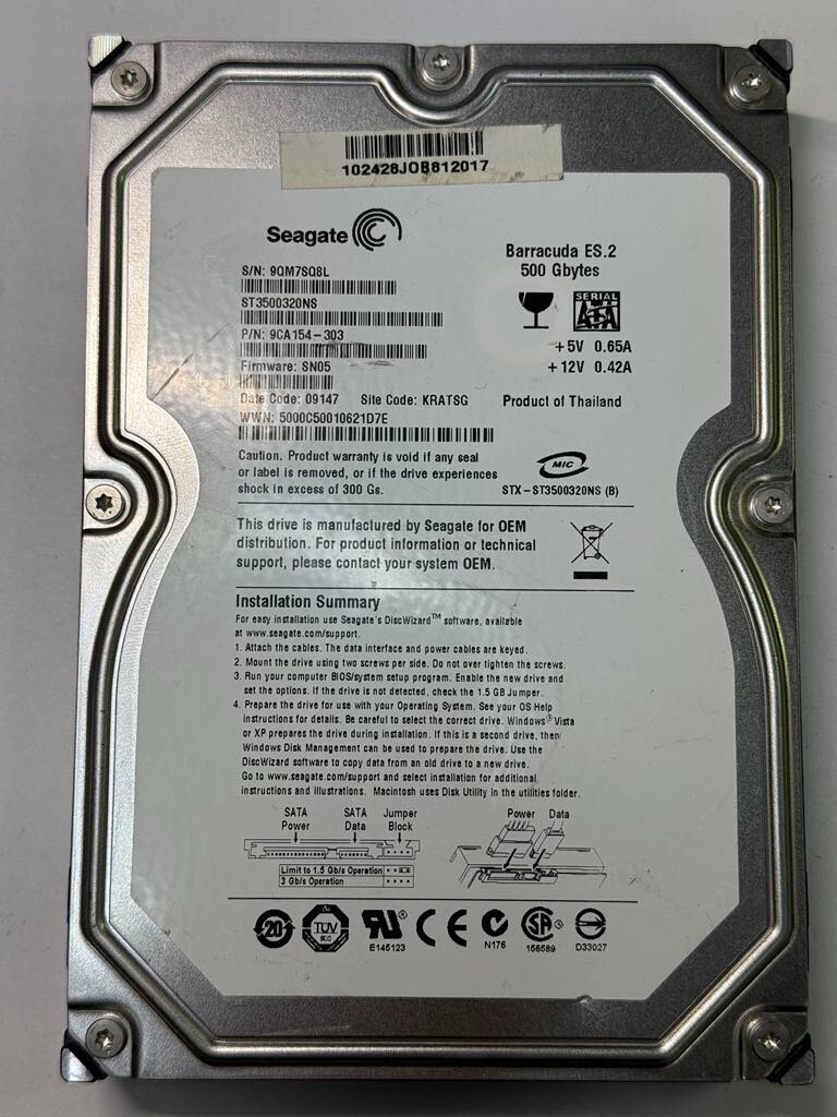 SEAGATE ST3500320NS 9CA154-303 500GB Firmware SN05 Date Code 09147 SATA 3.5" HDD