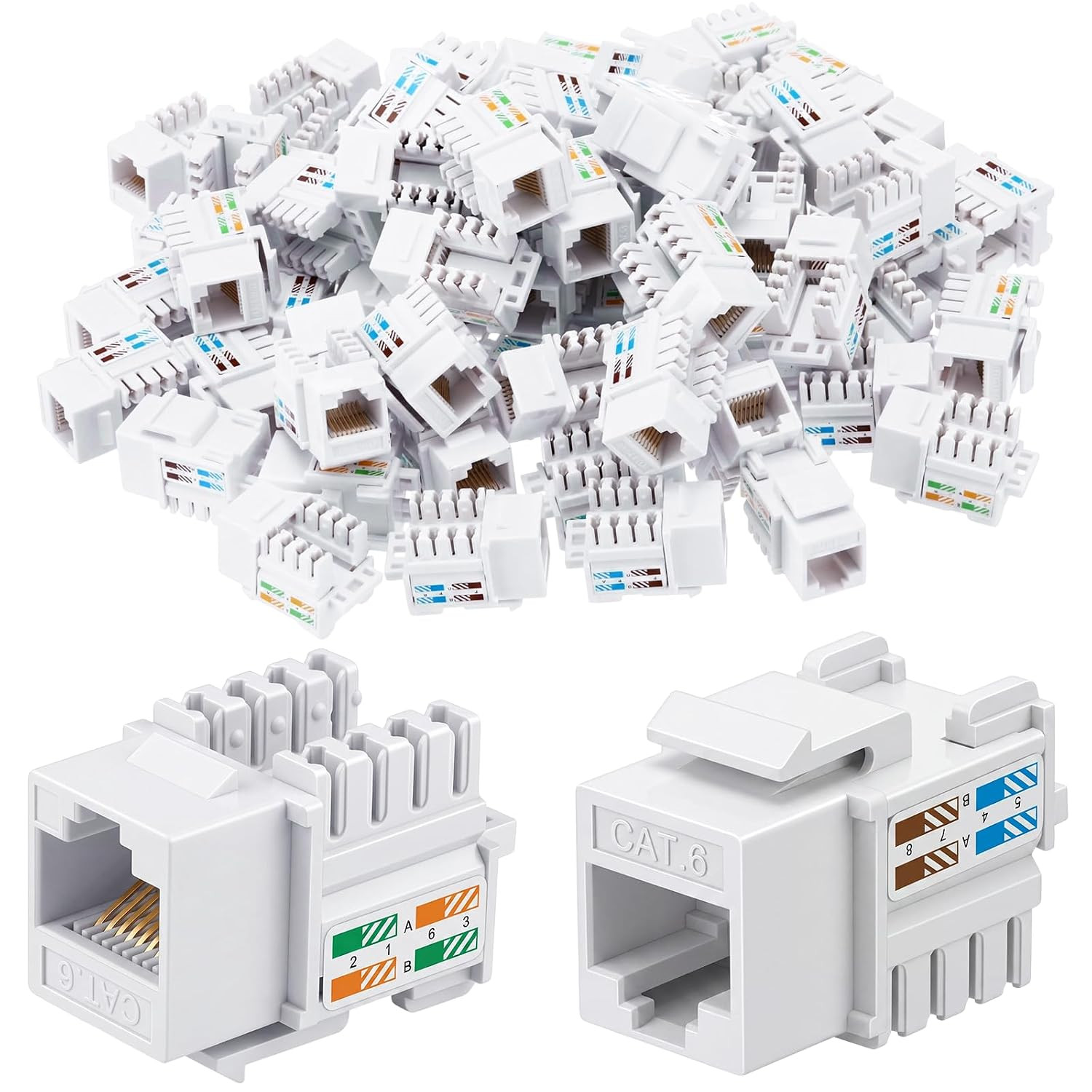Cat6 Keystone Jacks, RJ45 Ethernet Punch Connectors, 125 Pcs, White