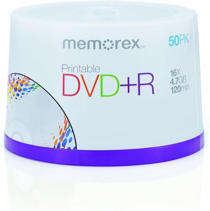 50 Pack Memorex Printable DVD+R 16X Blank 4.7GB 120 Min Recordable Media Sealed