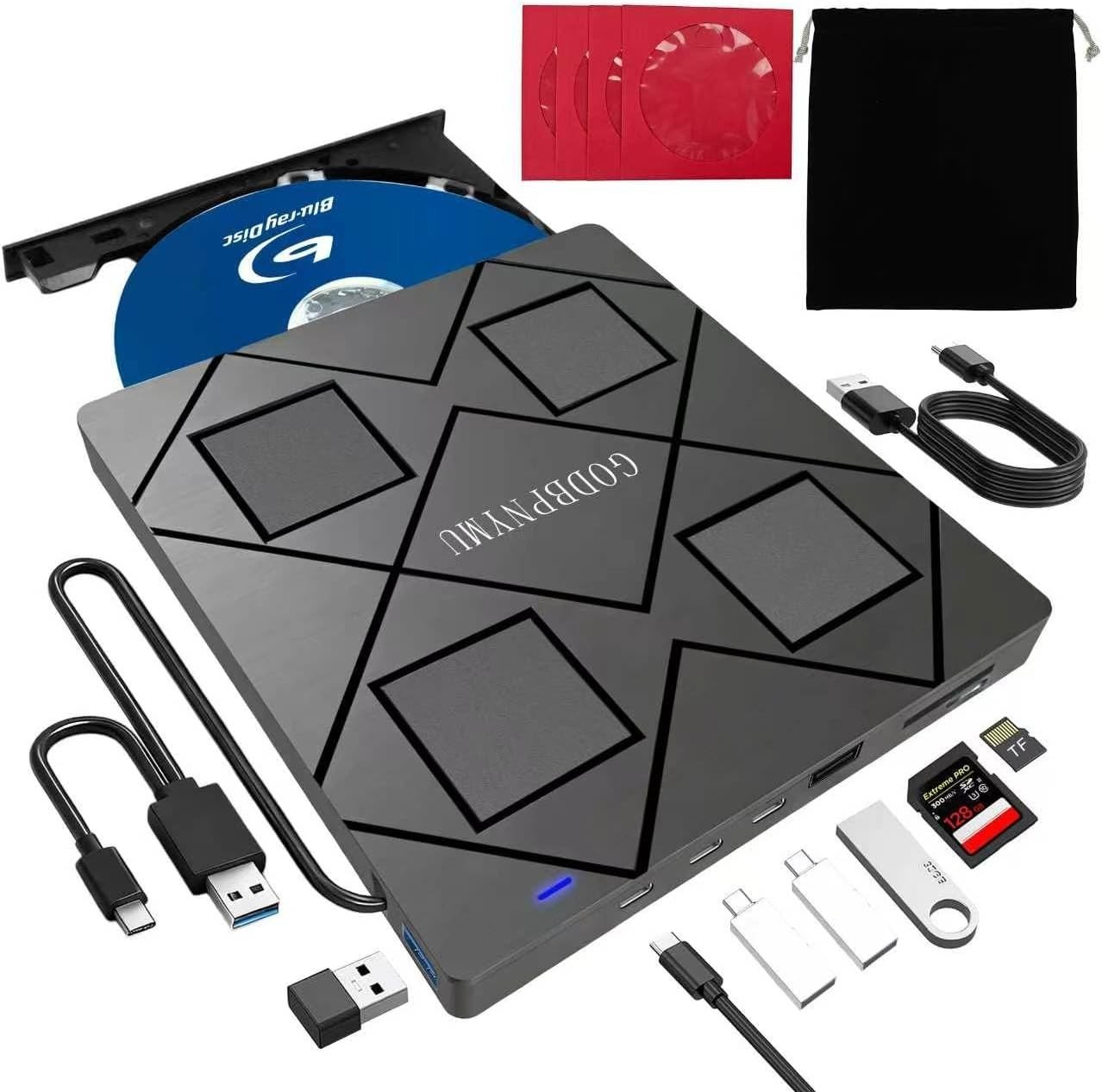 8-in-1 External Blu-ray/DVD Drive, USB-C/USB2, TF/SD Card Reader, Windows/Mac, S