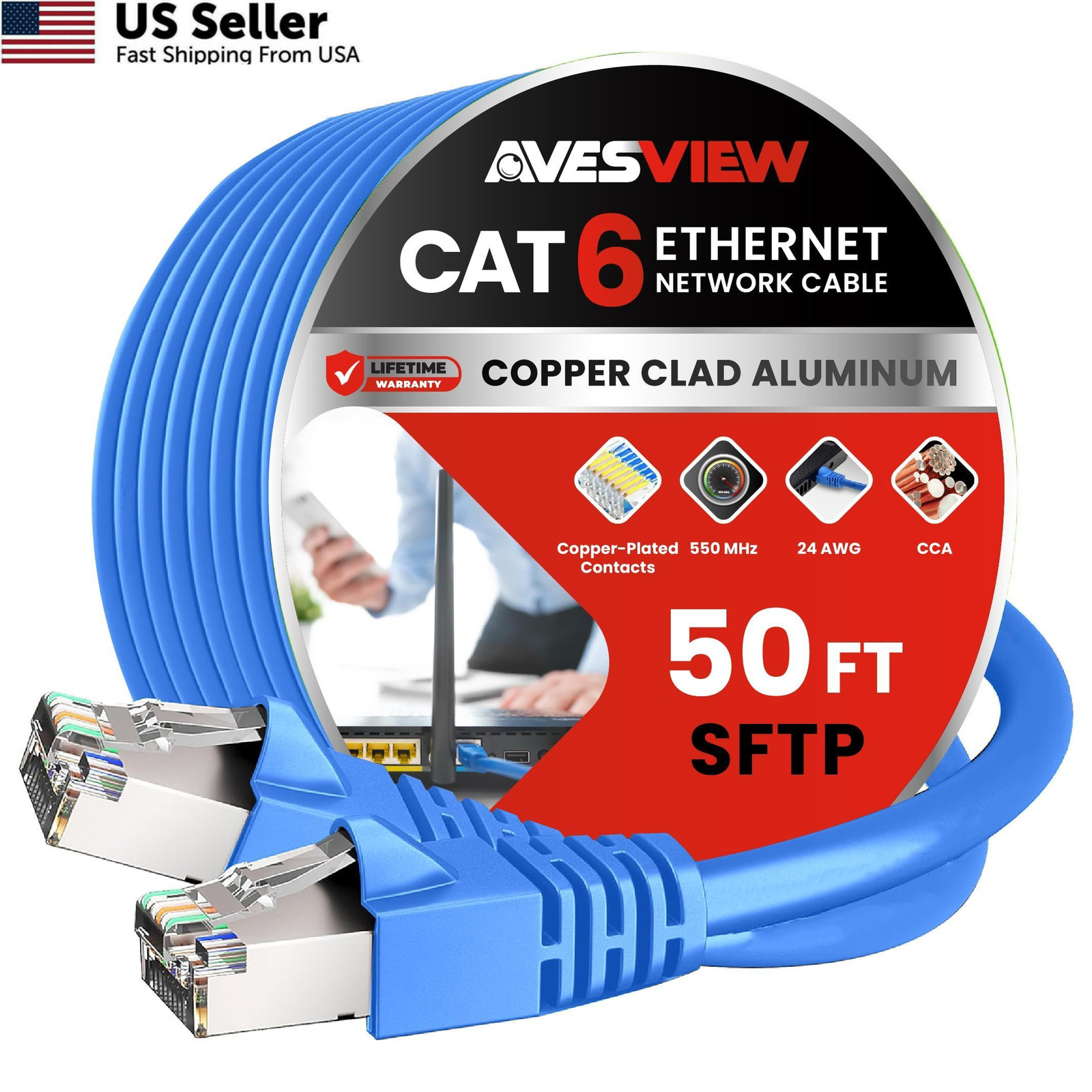AvesView CAT 6 Shielded Ethernet Cable 50FT, Indoor High-Speed Blue