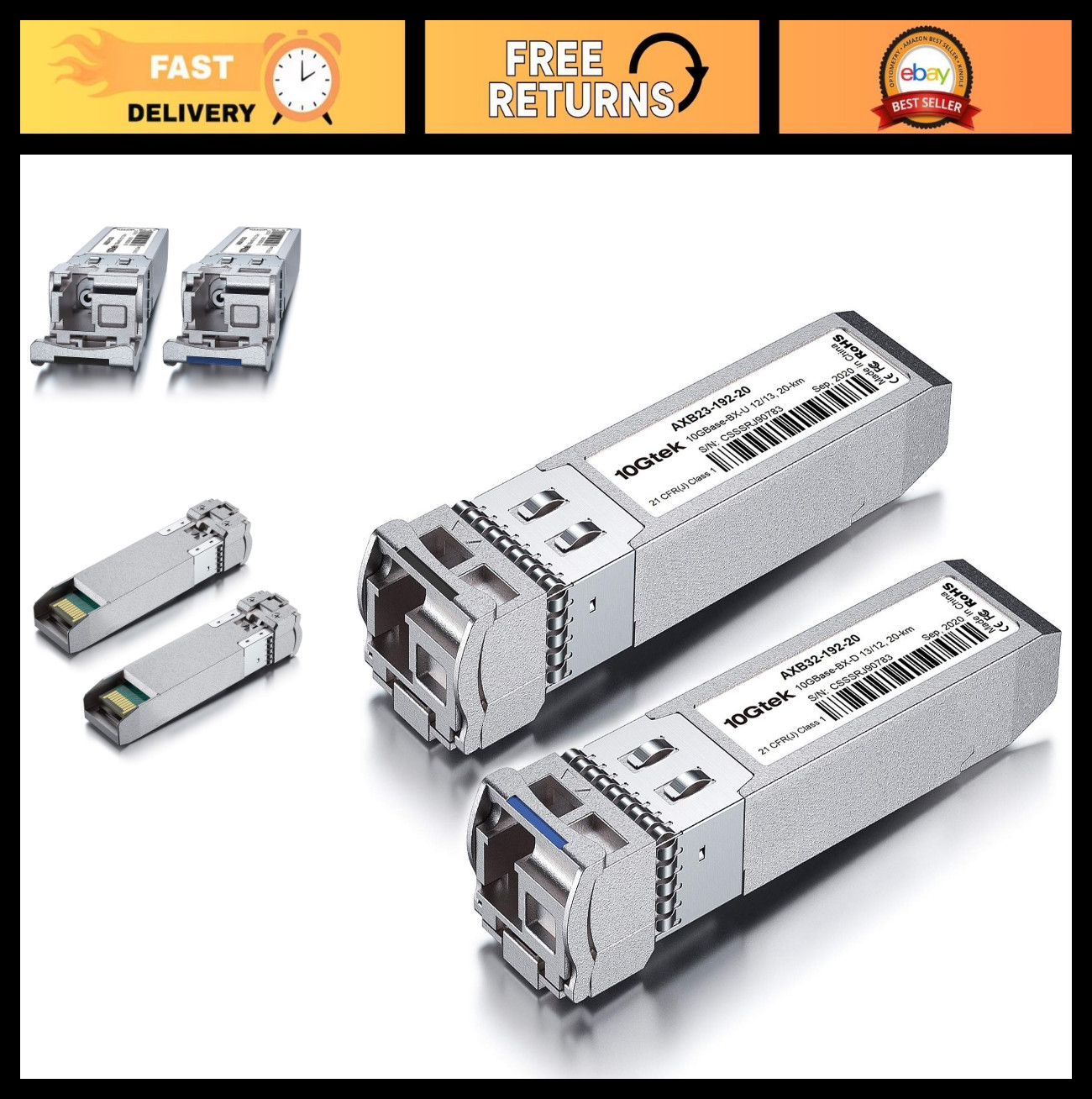 10G SFP+ Bidi Transceiver Pair, 10GBASE-BX20-U, 1270nm/1330nm, DOM LC SMF Module