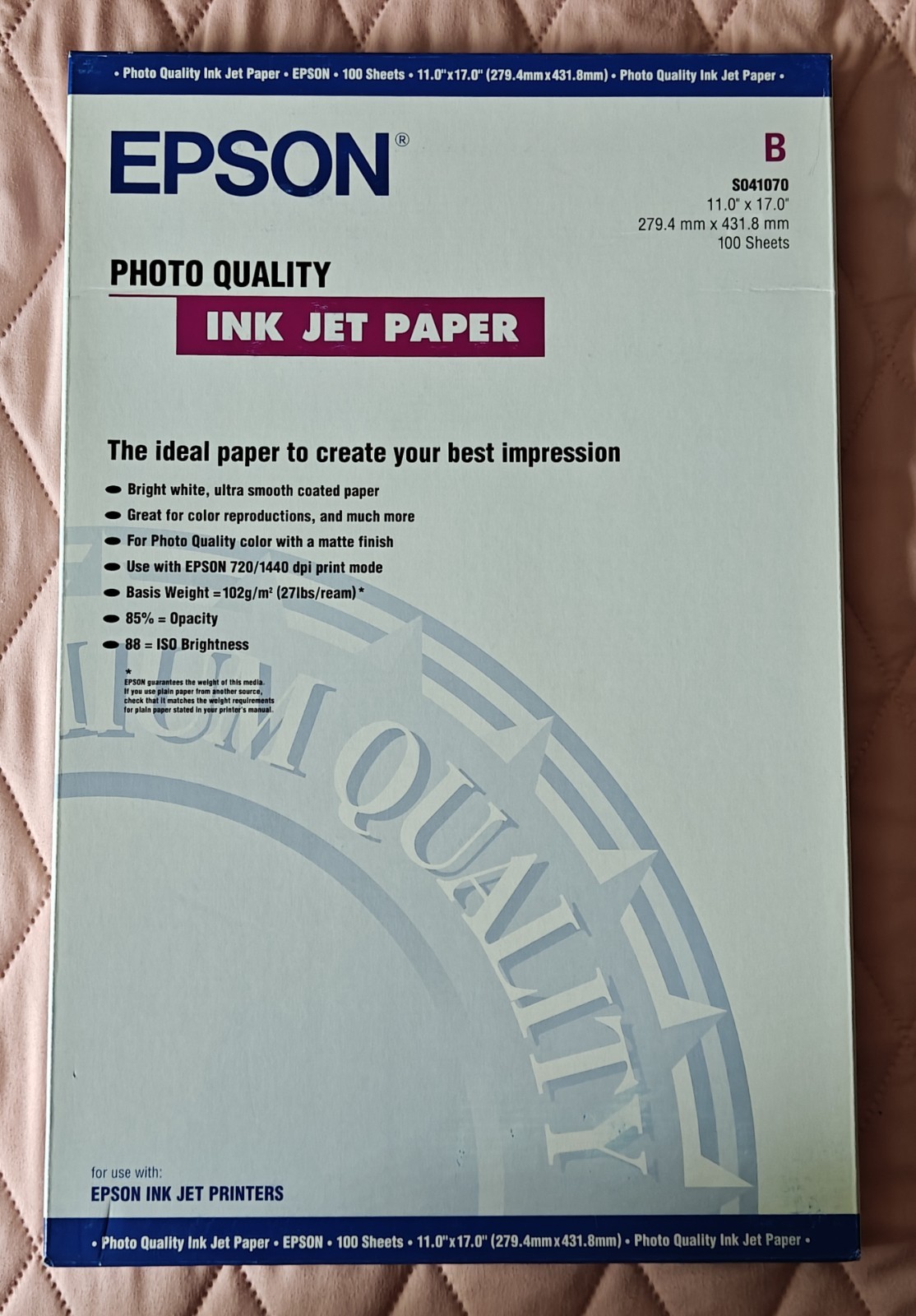 GENUINE EPSON Photo Quality Ink Jet Paper B S041070 11" x 17" 100 Sheets