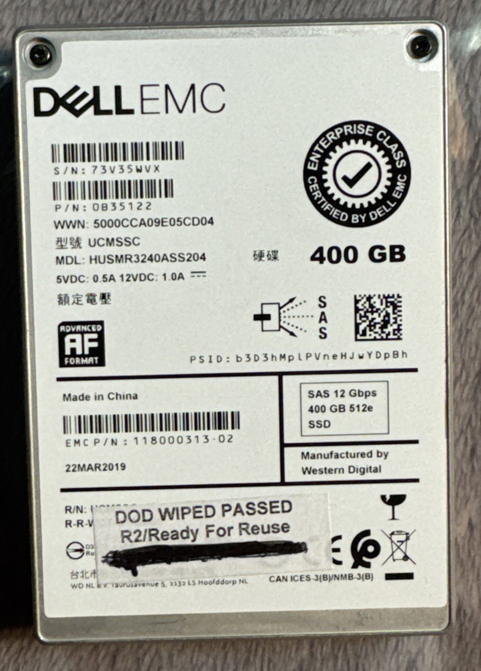 DELL EMC 400GB 2.5" 12G SAS SSD HUSMR3240ASS204 H4SMR324 CLAR400
